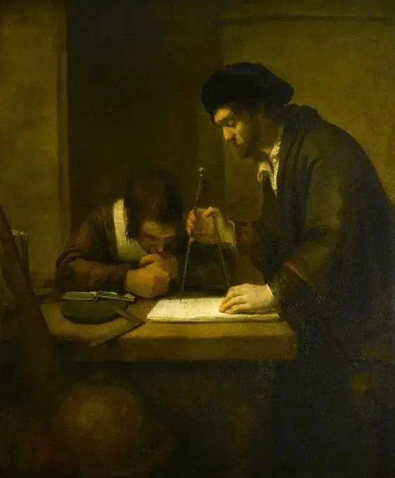 Il matematico, un erudito con divisori e un compasso a un tavolo nel suo ufficio assistito da uno studente - Rembrandt