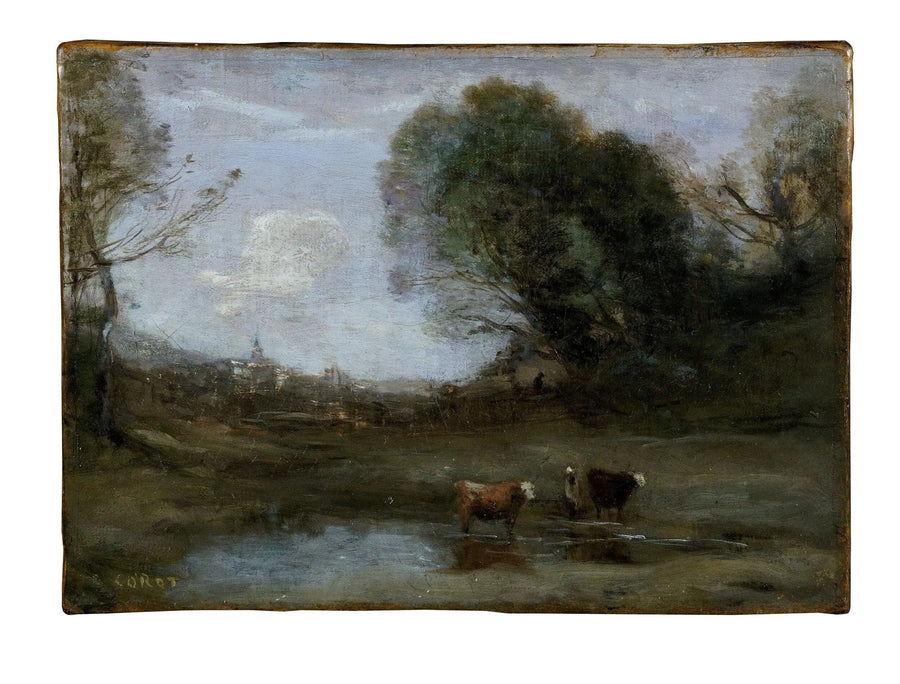 Mattino : Paesaggio con due mucche e una silhouette - Jean-Baptiste Camille Corot