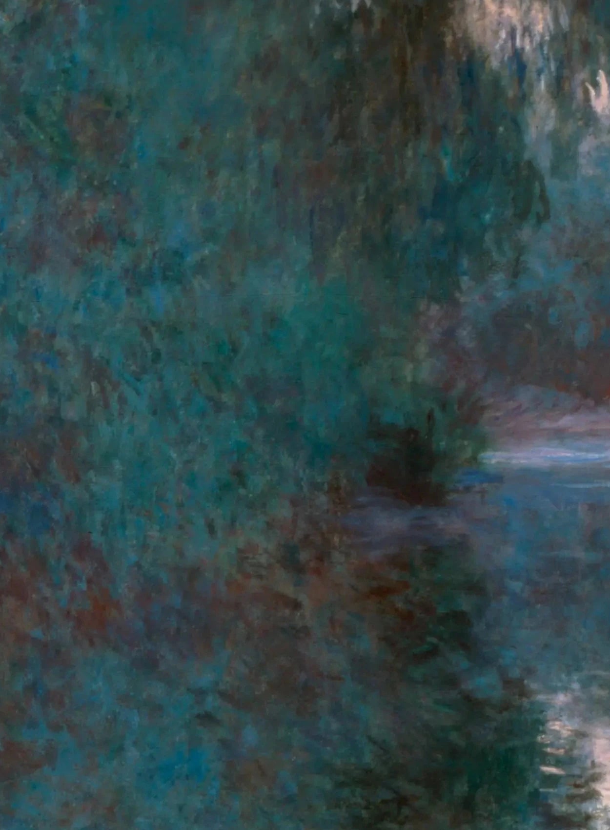 Détail de la rive sombre et des reflets bleus dans Matin sur la Seine, le beau temps W1485 de Claude Monet
