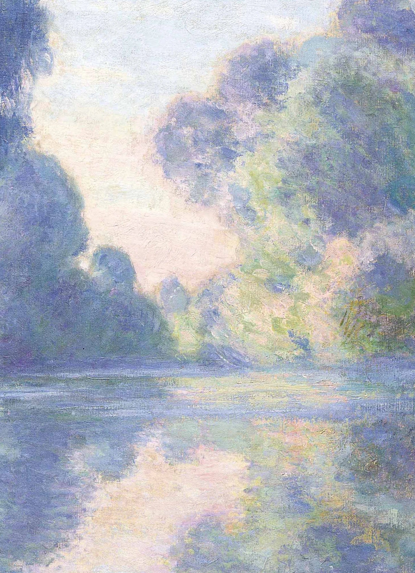 Détail de la trouée lumineuse et des reflets roses dans Matinée sur la Seine de Monet