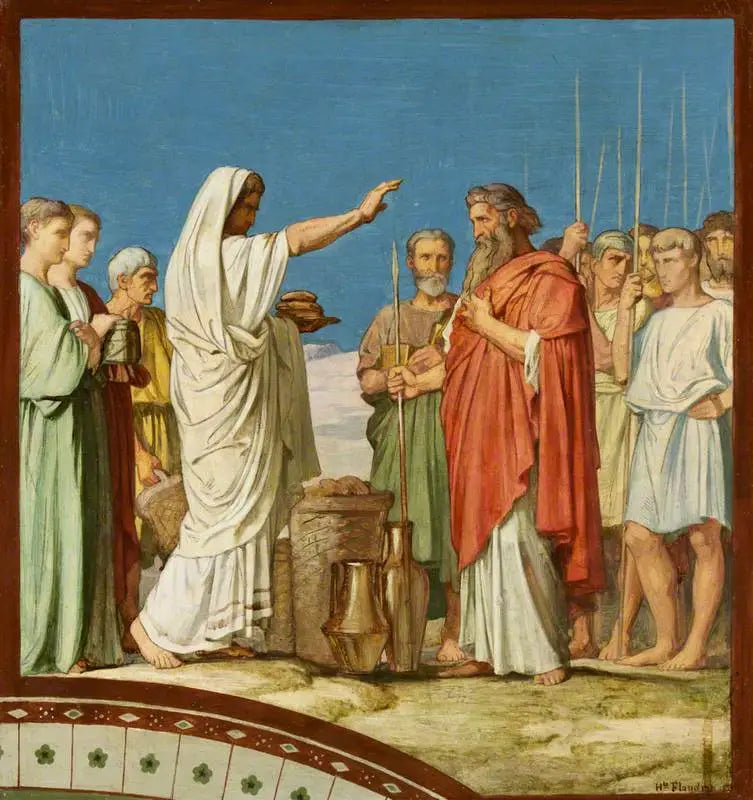 Melchisédech offering pane e vino, benedice Abramo : Modello per la decorazione della navata sinistra di Saint-Germain-des-Prés, Parigi, 1859 (Melchisédech benedice Abramo e offre pane e vino) - Hippolyte Flandrin
