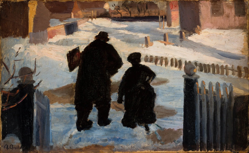 Michael Ancher si reca nel suo studio accompagnato dall'organista Helene Christensen - Anna Ancher