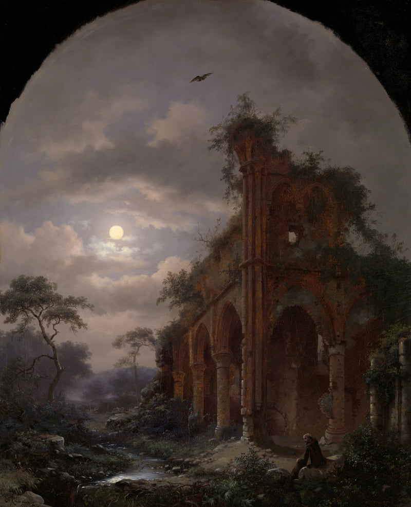 Moine méditant sur les ruines la nuit - Fredrik Marinus Kruseman