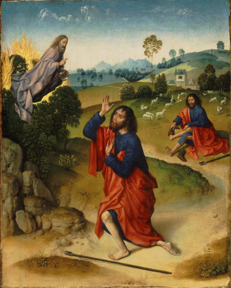 Mosè e il roveto ardente, con Mosè che toglie le scarpe - Dirk Bouts