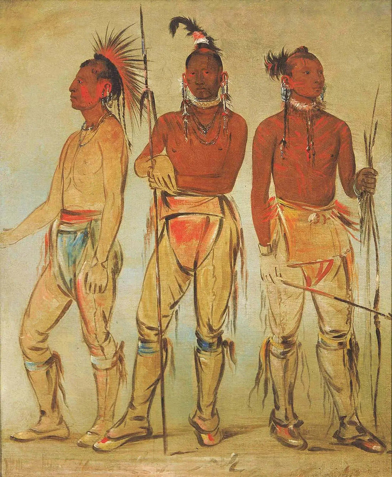 Mun-ne-pús-kee, Celui qui n'a pas peur ; Ko-ha-túnk-a, Grande Corvo ; e Nah-cóm-ee-shee, L'Uomo del Letto, Tre Giovani Guerrieri - George Catlin