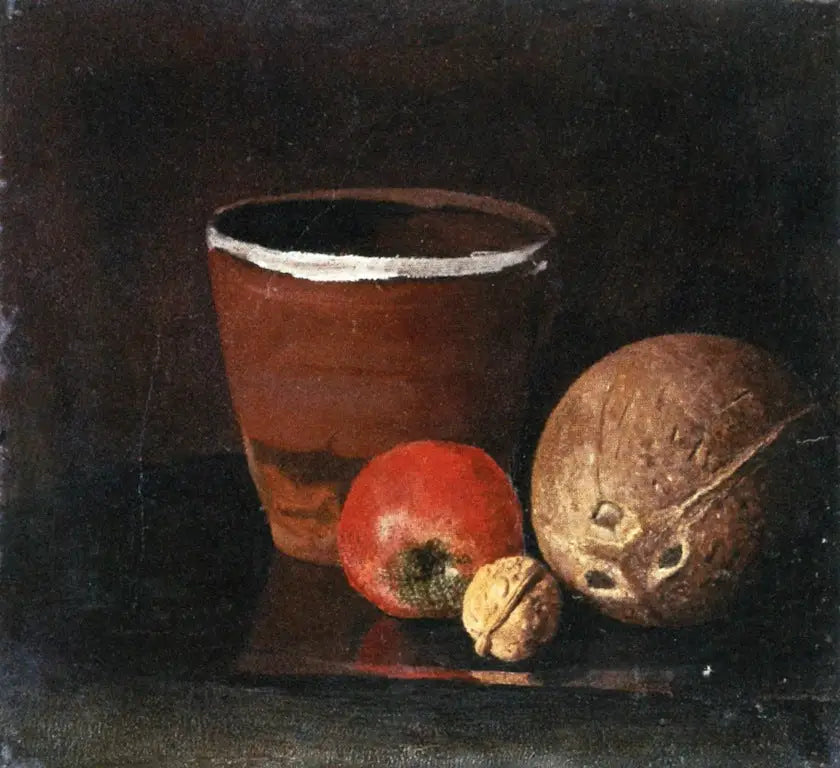Reproduction du tableau « Nature morte au pot, à la pomme, à la noix et à la noix de coco - Edvard Munch » par Alpha Reproduction en peinture à l’huile