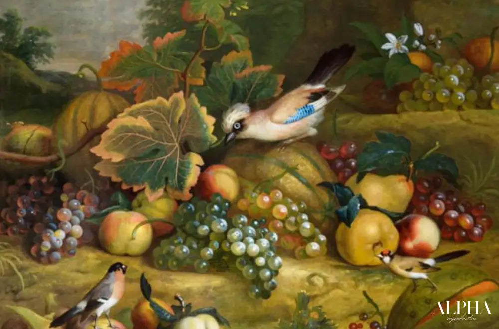 Nature morte aux fruits avec geai et pinsons dans un paysage - Tobias Stranover - Reproductions de tableaux et peintures haut de gamme