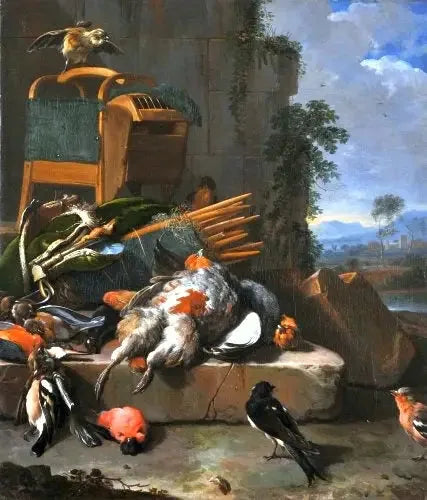 Natura morta con uccelli (Materiale da caccia). - Melchior de Hondecoeter