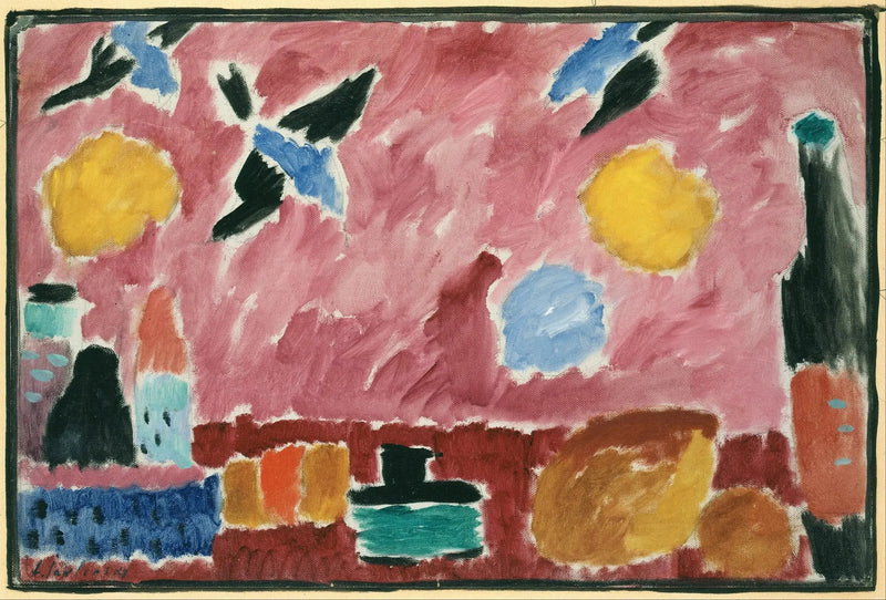 Natura morta con bottiglia, pane e carta da parati rossa con rondini - Alexej von Jawlensky