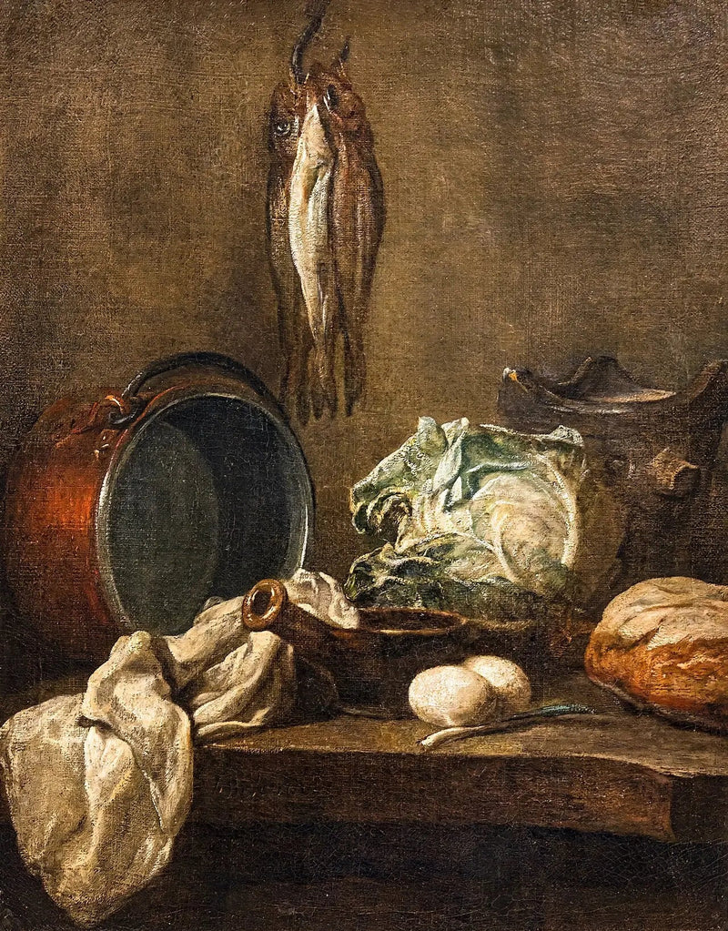 Natura morta con calderone, pentola, fornello, canovaccio, cavolo, due uova, porro, pane e tre aringhe - Jean Siméon Chardin