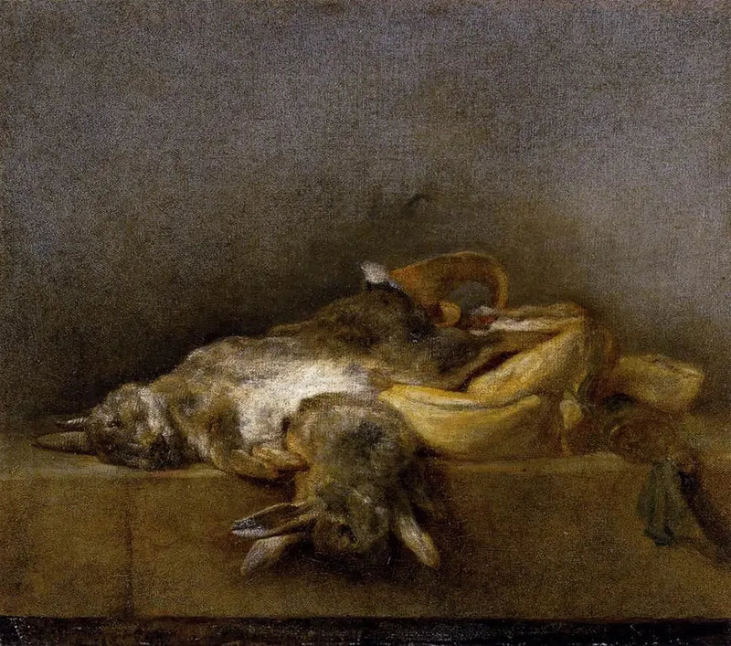 Natura morta con due conigli, una bisaccia e una pera da polvere - Jean Siméon Chardin