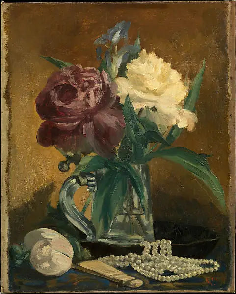 Nature morte avec fleurs, éventail et perles - Édouard Manet image 1 reproduction d’œuvre d’art à l’huile