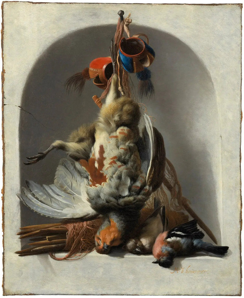 Natura morta con uccelli e materiale da caccia in una nicchia - Melchior de Hondecoeter