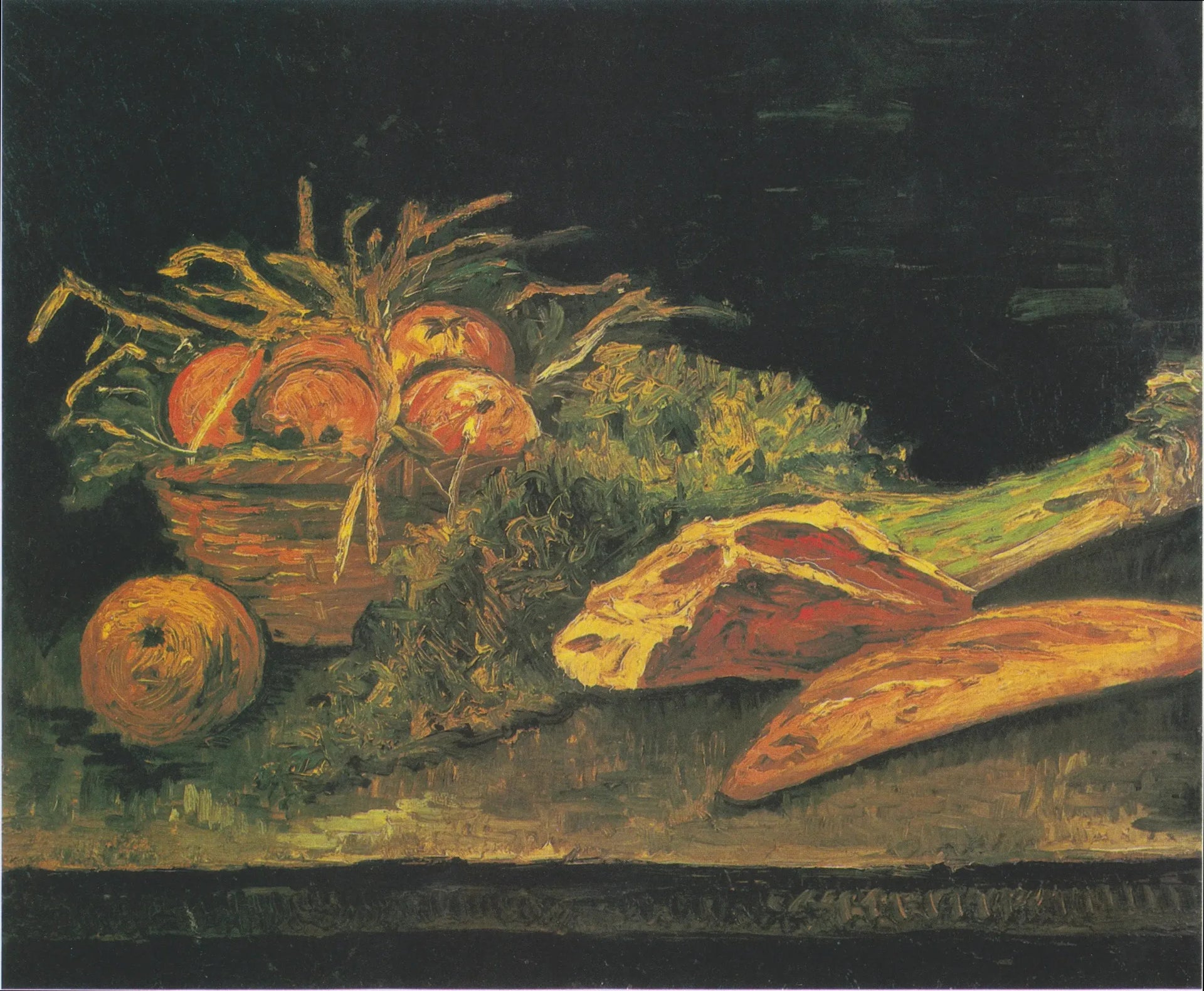 Nature morte avec panier de pommes, viande et petits pains - Vincent van Gogh image 1 reproduction de peinture à l’huile