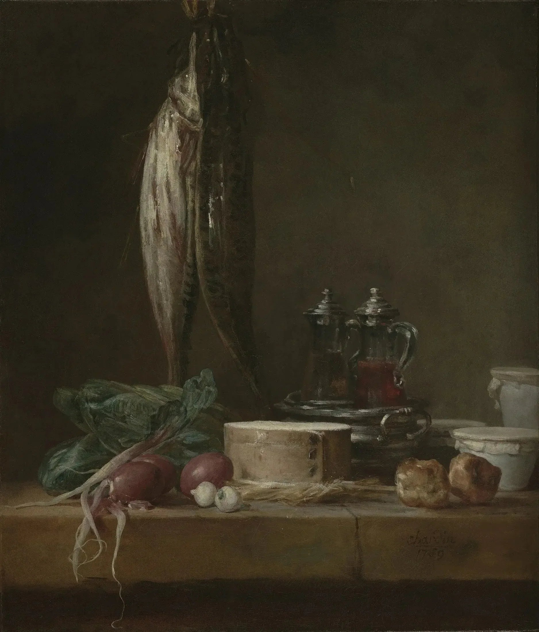 Nature morte avec poissons, légumes, gougères, pots et burettes sur une table - Jean Siméon Chardin image 1 copie peinte à la main à l’huile