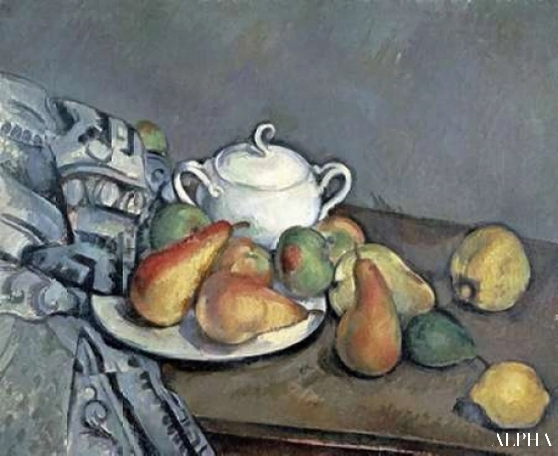 Natura morta con zuccheriera, pere e tovaglia - Paul Cézanne - Riproduzioni di quadri e dipinti di alta qualità
