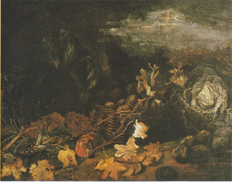 Natura morta con un cesto di patate, circondato da foglie autunnali e verdure - Vincent van Gogh