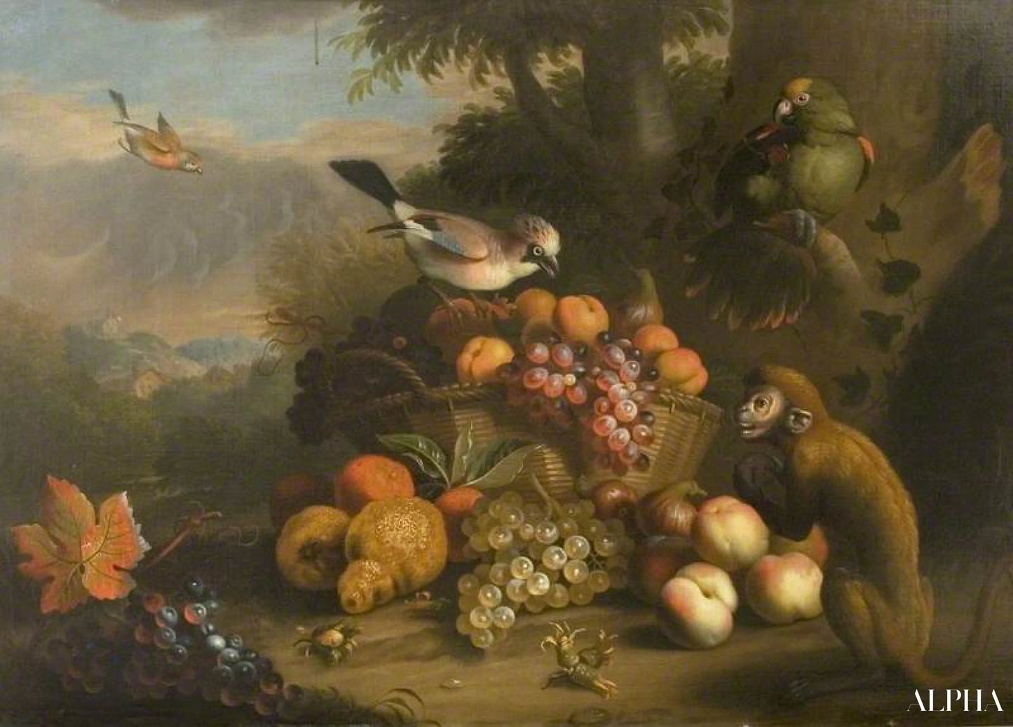 Natura morta con una scimmia, Jay e Pappagallo - Tobias Stranover - Riproduzioni di quadri e dipinti di alta qualità