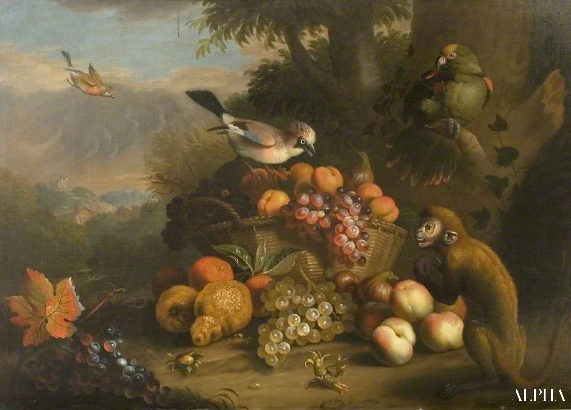 Natura morta con una scimmia, Jay e Pappagallo - Tobias Stranover - Riproduzioni di quadri e dipinti di alta qualità