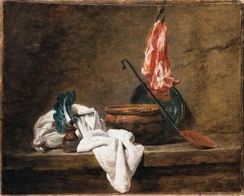 Natura morta con un canovaccio, una pentola, un piatto, una schiumarola e della carne su un gancio - Jean Siméon Chardin