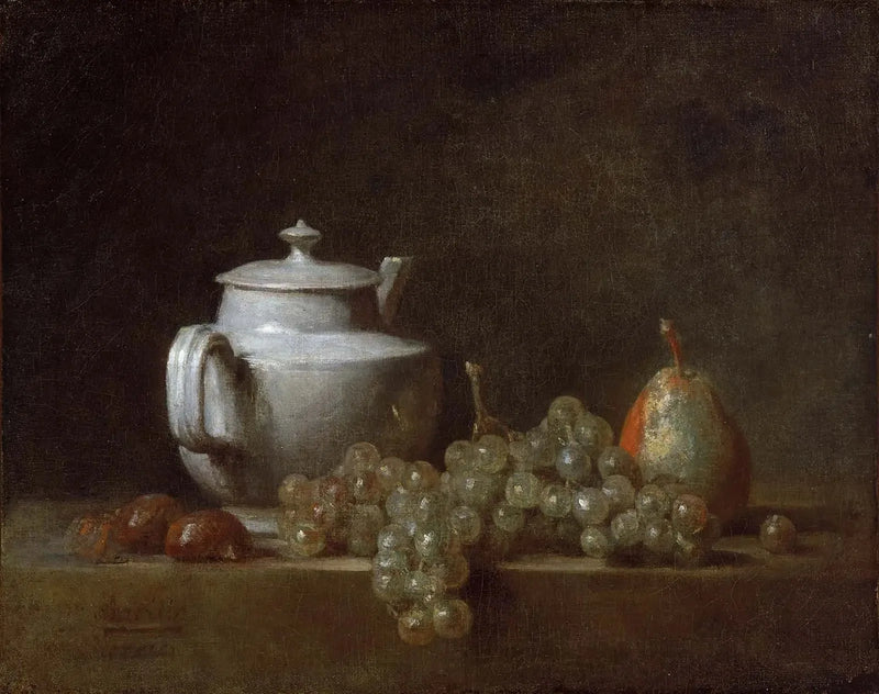 Natura morta con una teiera, uva, castagne e una pera - Jean Simeón Chardin