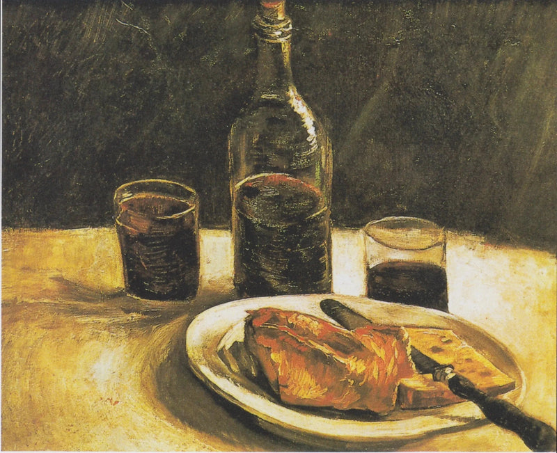Natura morta con bottiglia, due bicchieri, formaggio e pane - Vincent van Gogh