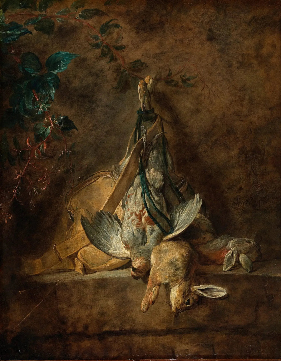 Natura morta : due conigli, una pernice grigia, una bisaccia e una pera da polvere - Jean Siméon Chardin