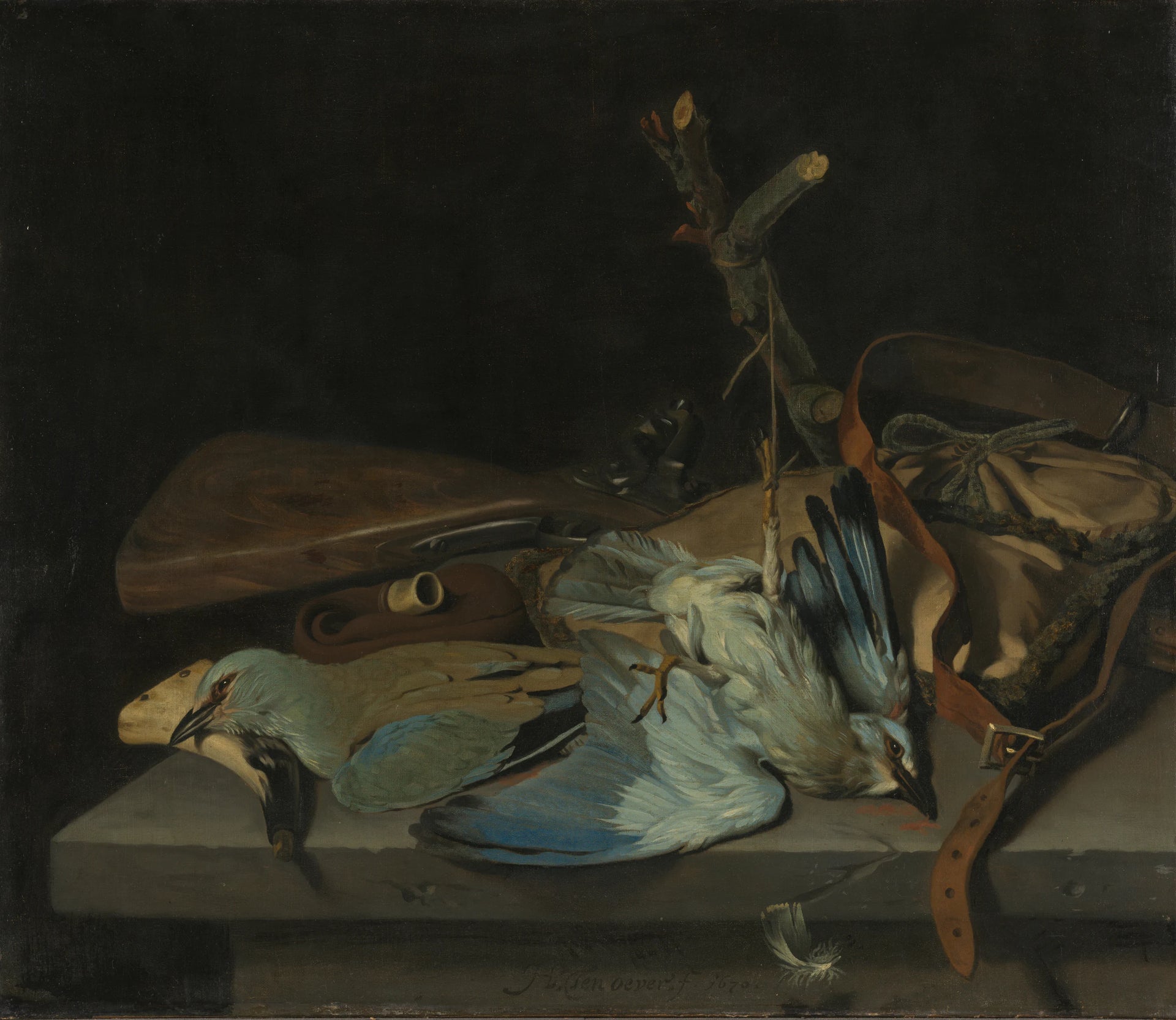 Nature morte d'équipement de chasse et d'oiseaux - Hendrick ten Oever