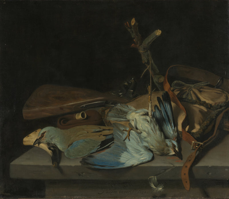 Nature morte d'équipement de chasse et d'oiseaux - Hendrick ten Oever