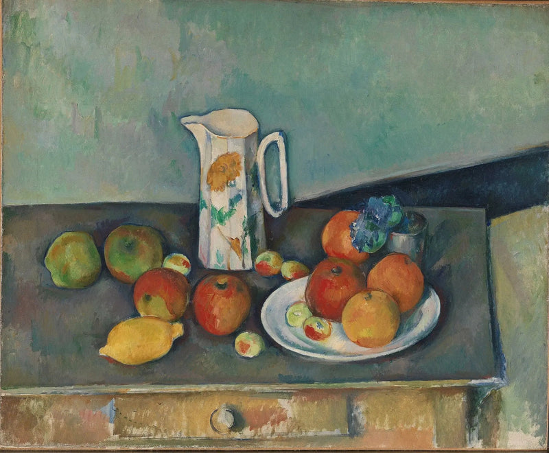 Natura morta, brocca di latte e frutta su un tavolo - Paul Cézanne