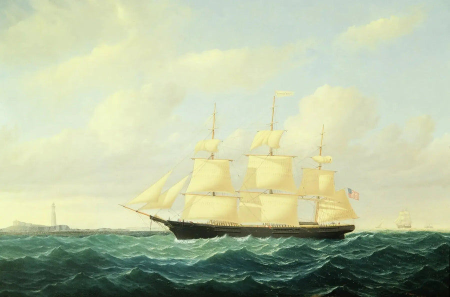 Nave clipper con onde al largo del faro di Boston - William Bradford