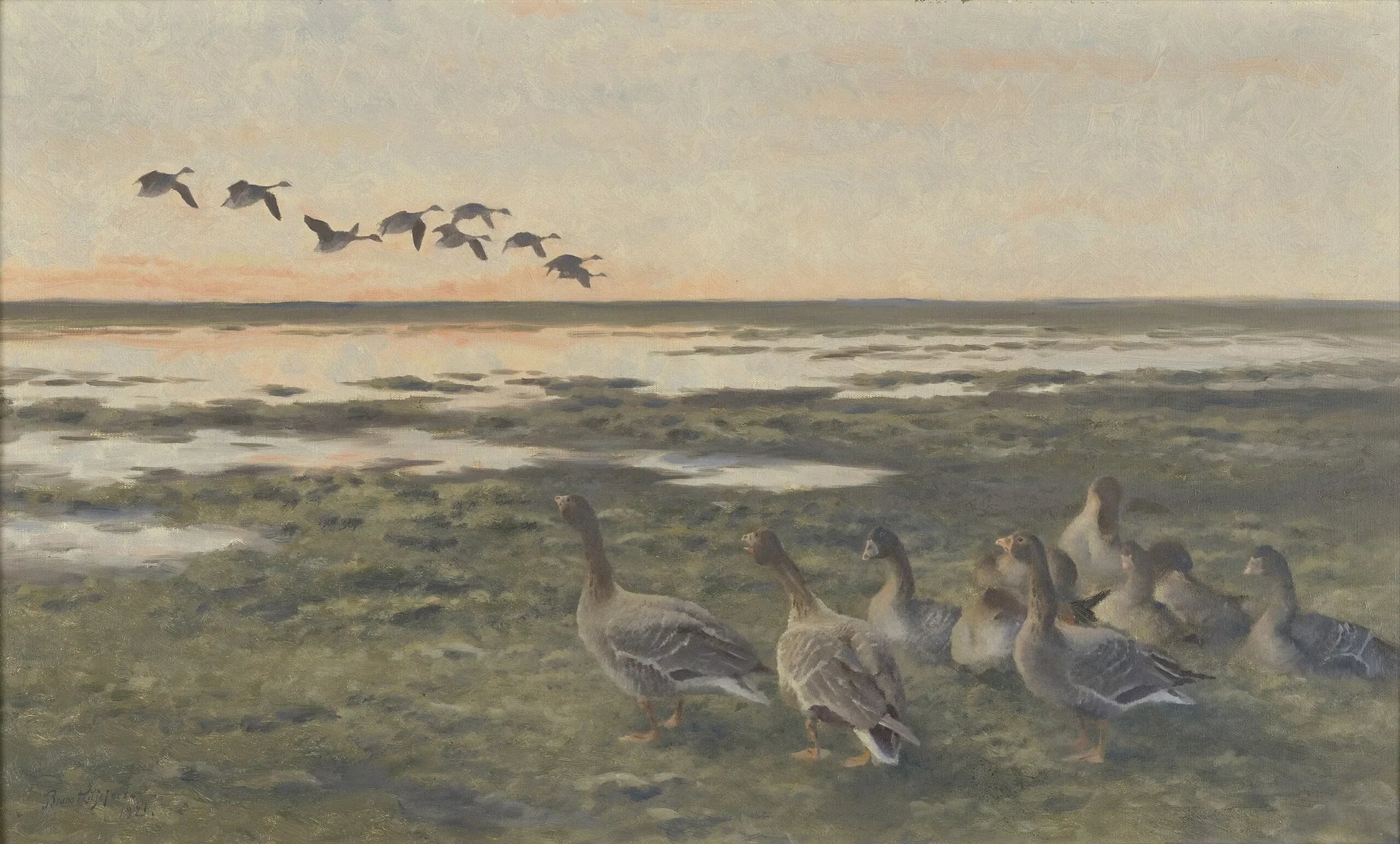 Neerstrijkende rietganzen bij zonsondergang - Bruno Liljefors image 1 reproduction réalisée par Alpha Reproduction