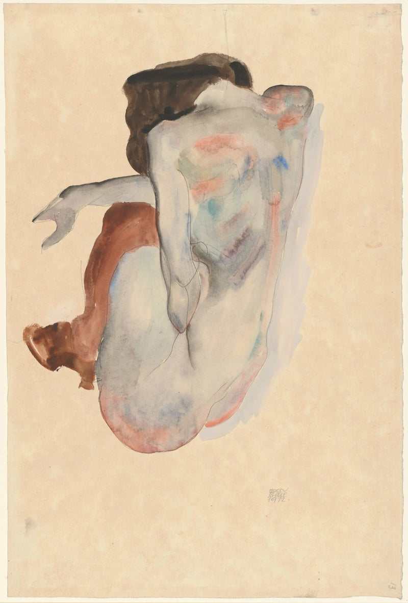 Nu accovacciato con scarpe e calze nere, vista da dietro - Egon Schiele
