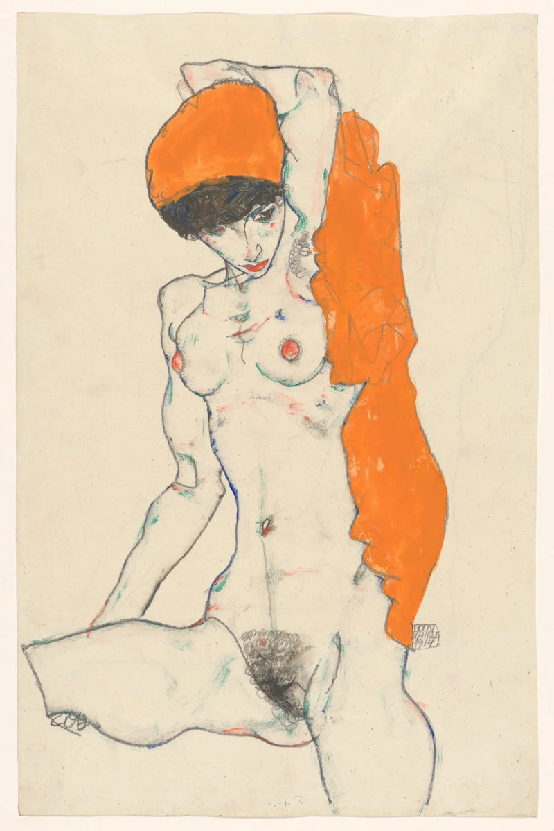 Nu in piedi con drappeggio arancione - Egon Schiele