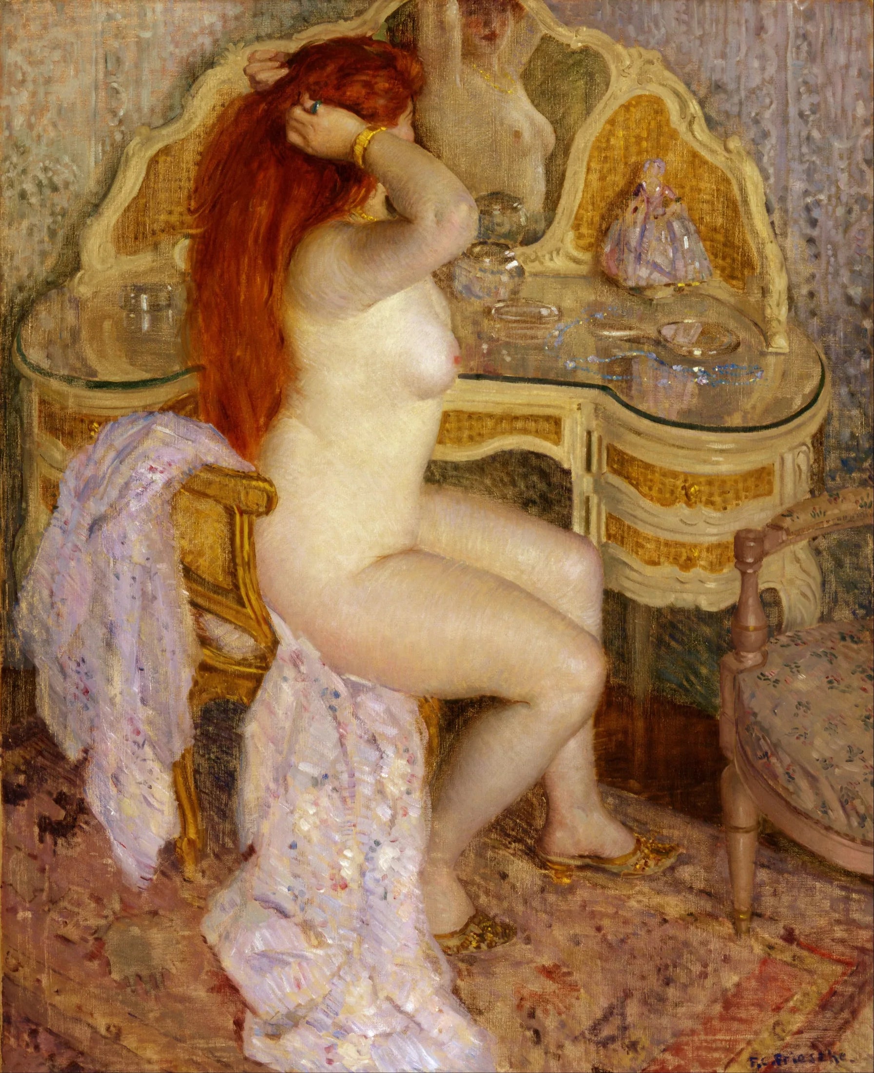 Nue assise à sa coiffeuse - Frederick Carl Frieseke image 1 reproduction artisanale de tableau
