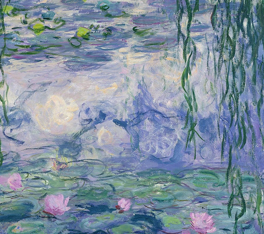 Détail des fleurs roses, feuilles flottantes et reflets de saule dans Nymphéas W1852