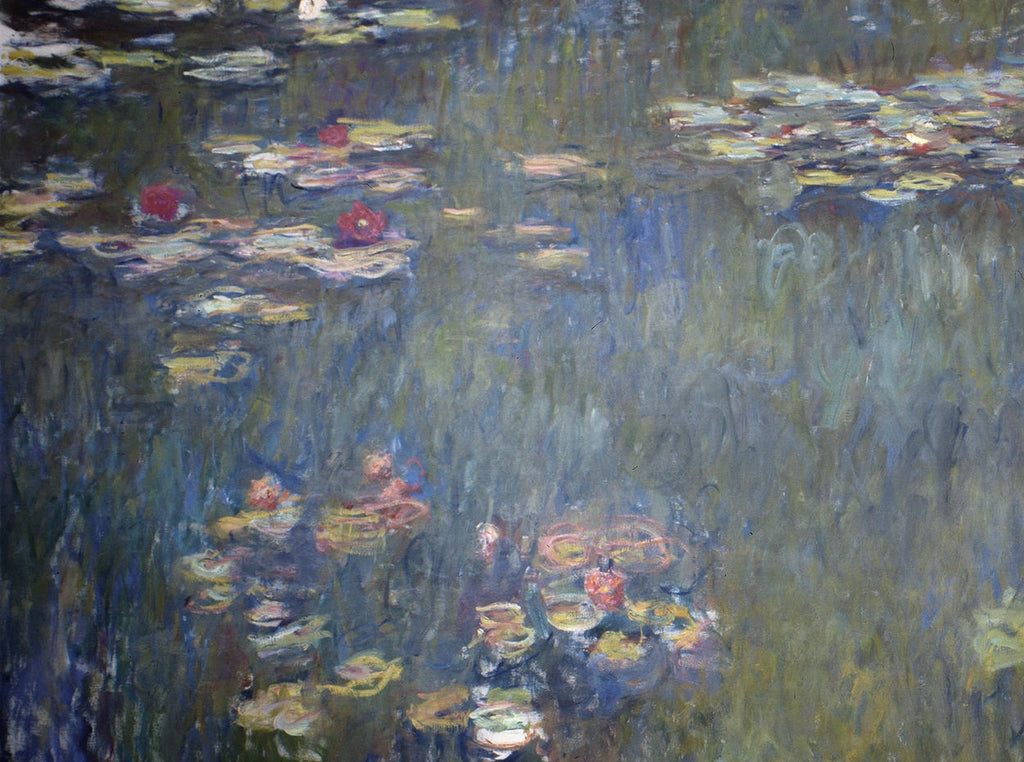 Détail des nymphéas blancs et rouges dans la moitié gauche du grand panneau de Monet