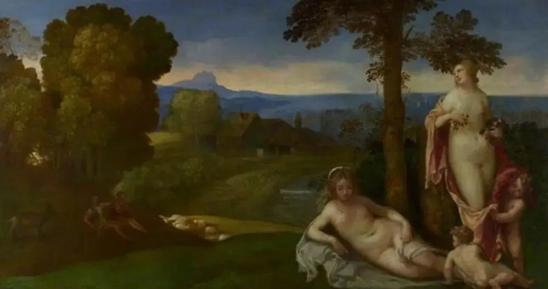 Ninfe e bambini in un paesaggio con pastori - Giorgione