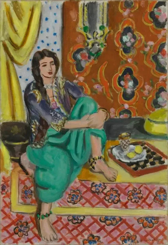 Odalisca seduta, ginocchio sinistro piegato, sfondo ornamentale e scacchiera - Henri Matisse