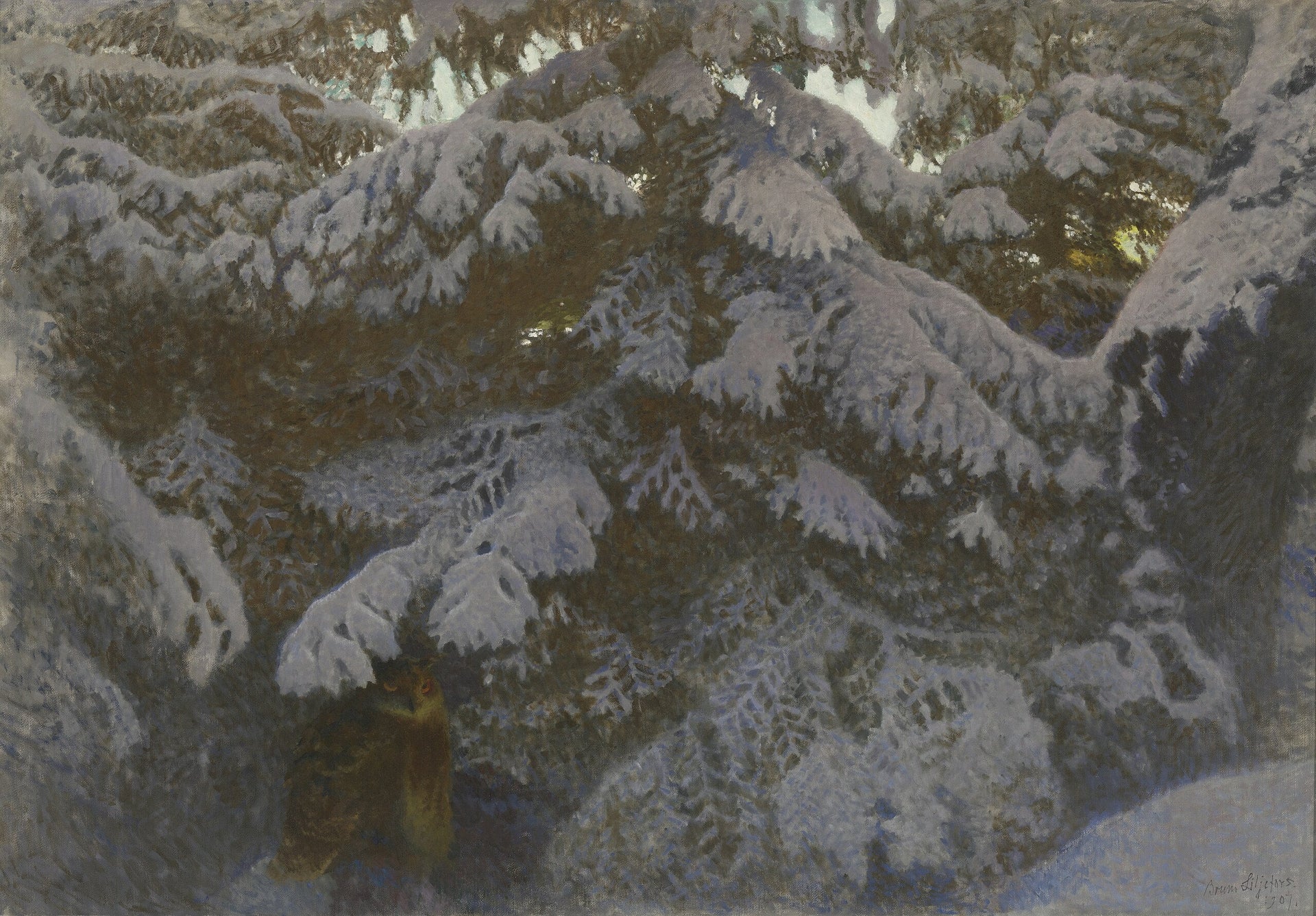 Oehoe onder besneeuwde sparren - Bruno Liljefors image 1 tableau peint à l’huile sur toile