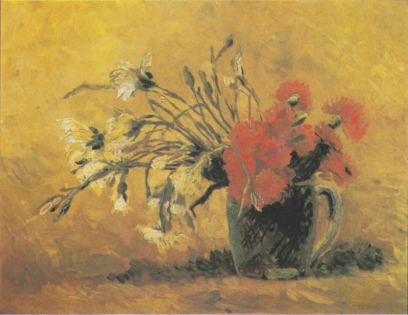 Vaso con garofano rosso e bianco su sfondo giallo - Vincent van Gogh