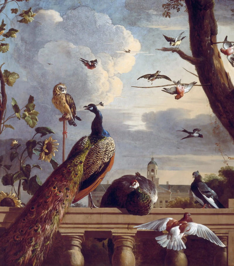 Uccelli intorno a una balaustra, con il municipio di Amsterdam sullo sfondo, 1670 - Melchior de Hondecoeter