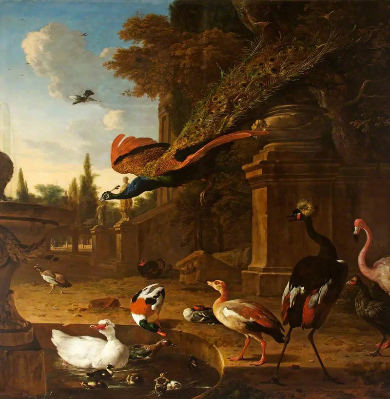 Uccelli ornamentali dentro e accanto a uno stagno in un parco, con un pavone in volo - Melchior de Hondecoeter