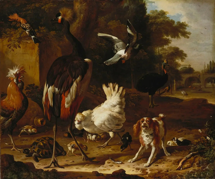 Uccelli e pointer in un giardino - Melchior de Hondecoeter