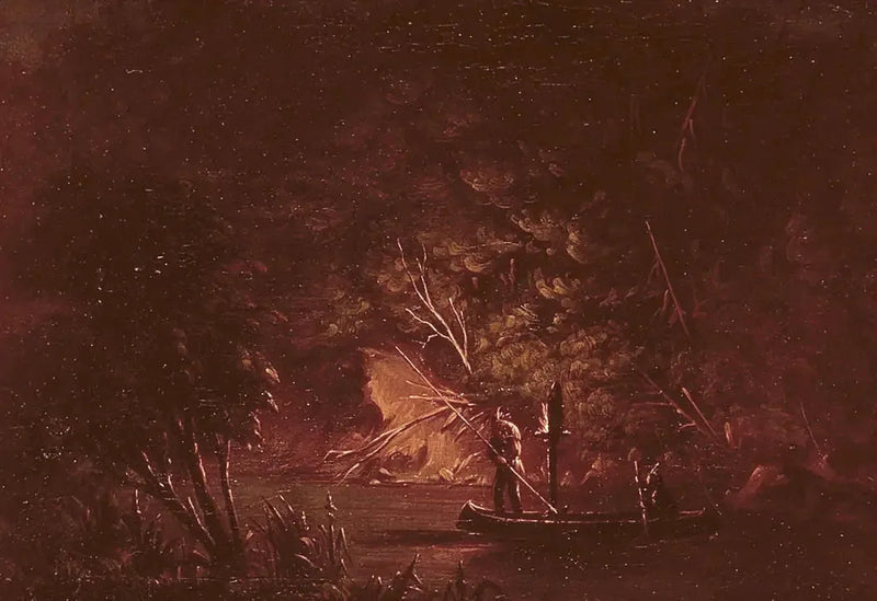 Ojibwé che harpone il salmone alla luce delle torce - George Catlin