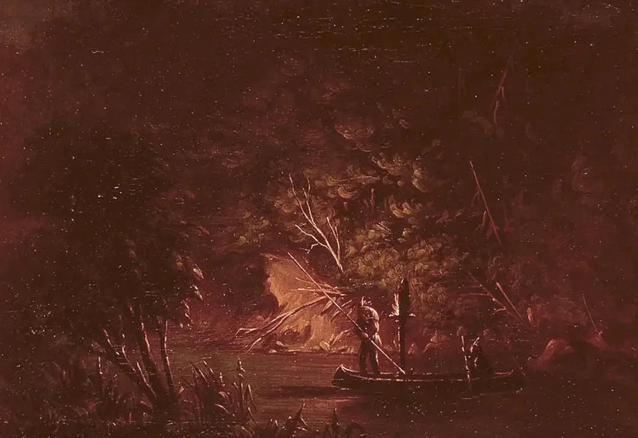 Ojibwé che harpone il salmone alla luce delle torce - George Catlin