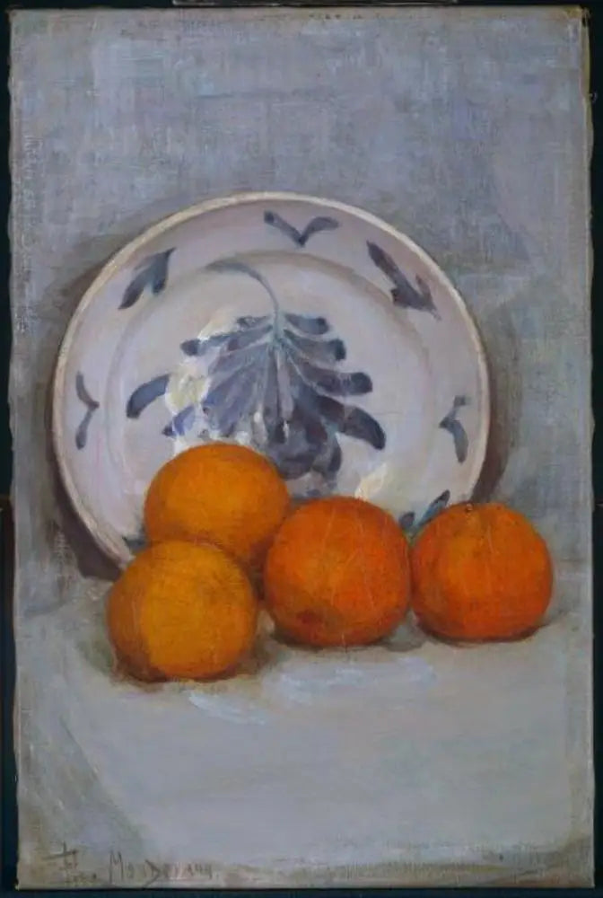 Reproduction du tableau « Oranges et assiette décorée - Piet Mondrian » par Alpha Reproduction en peinture à l’huile