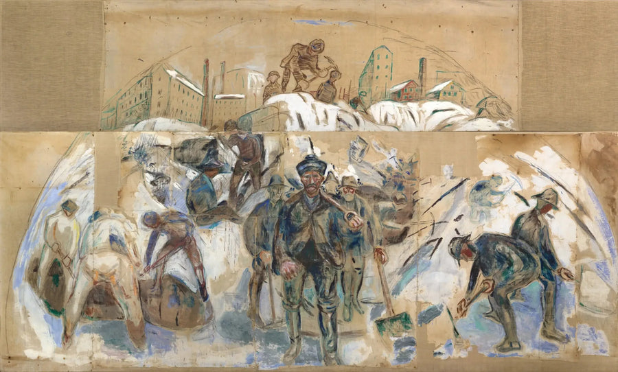 Operai sul cantiere di costruzione. Schizzo per un decoro del municipio di Oslo - Edvard Munch