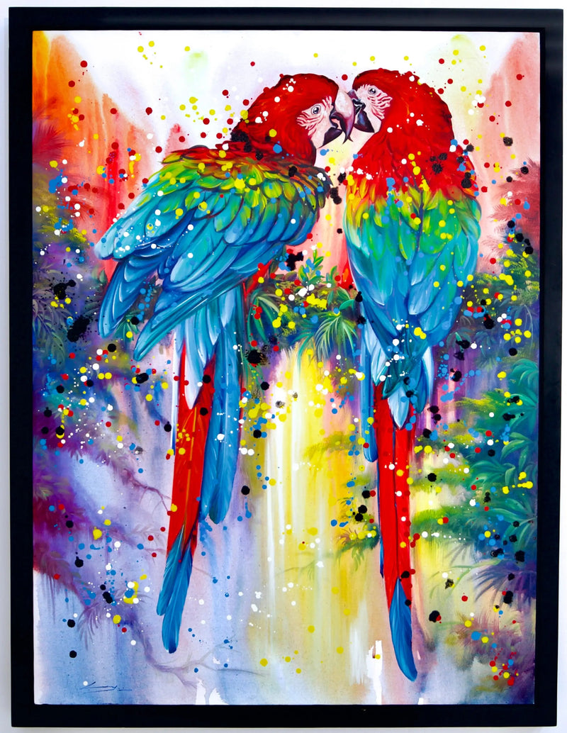 Coppia di Pappagalli Rossi | Dimensioni: 90 X 120 cm
