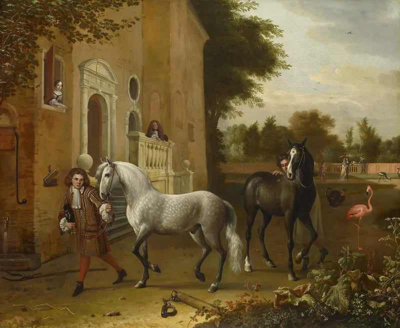 Palafrenieri con cavalli, un grigio e un baio scuro, al castello di Nijenrode - Melchior de Hondecoeter